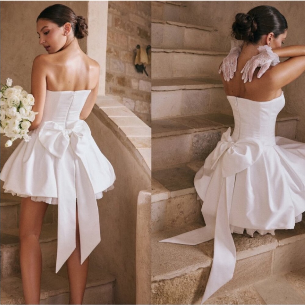 HOUSE OF CB 'Noele White‎ Satin Strapless Bow Mini Gown NWOT Sz L wedding bridal